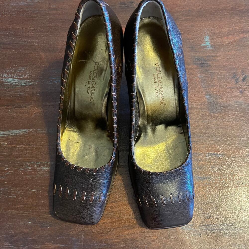 DOLCE & GABBANA Stitched Square Toes Block Heel Women's Shoes Sz 37 / 6.5 US - Picture 3 of 10